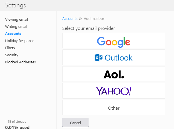 select the mail provider you want to add