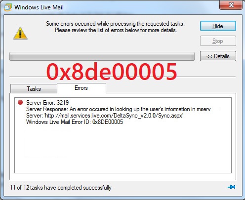 windows live mail 0x8de00005 error id
