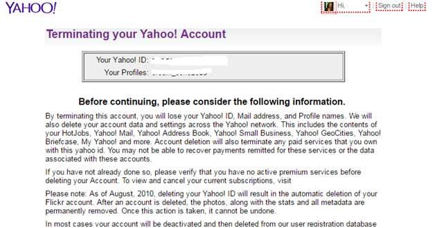 Terminate Yahoo Account